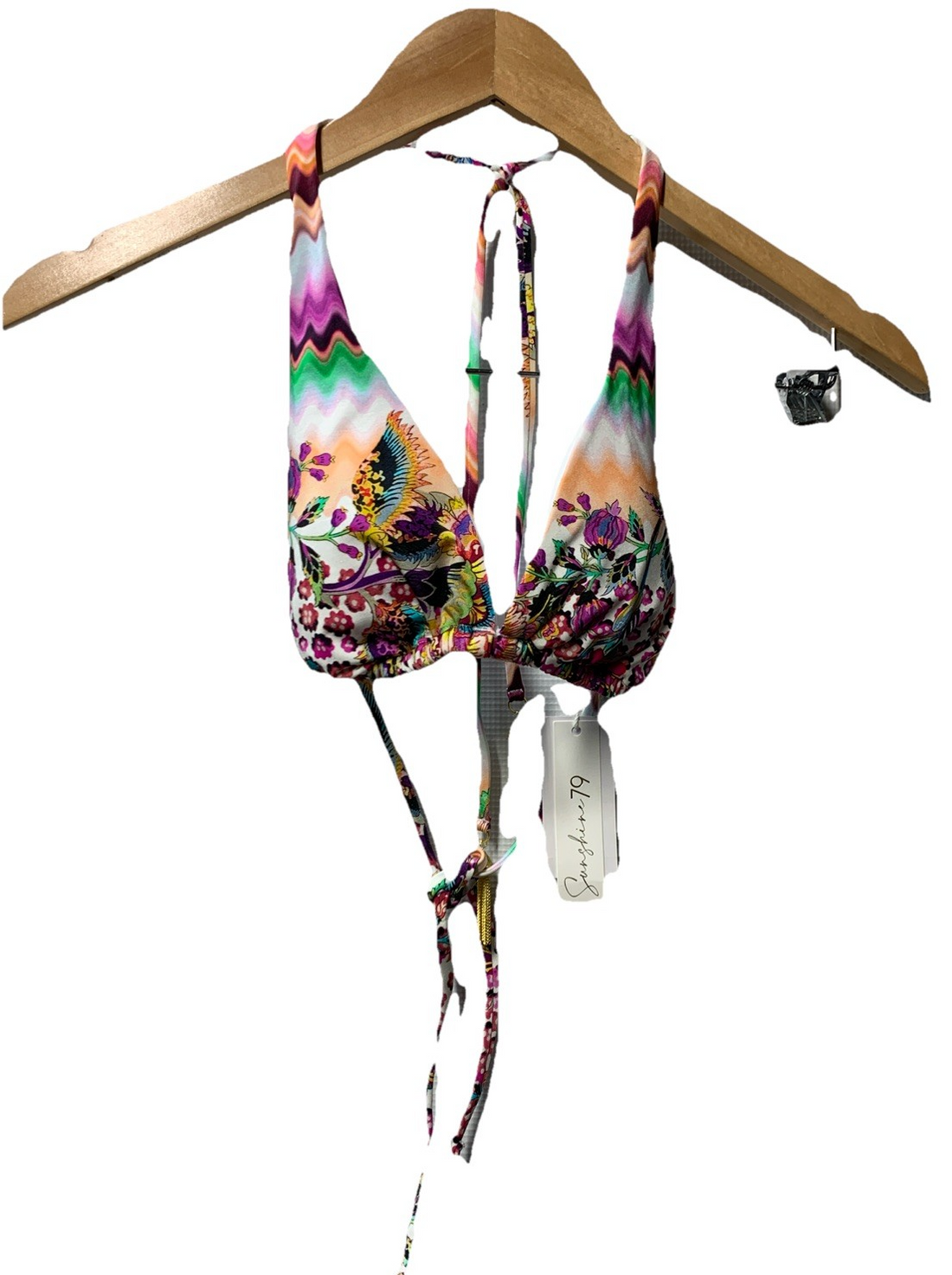 Sunshine 79 Women's Triangle Halter Bikini Swimsuit Top Sz 8 Tie Back Floral Mix