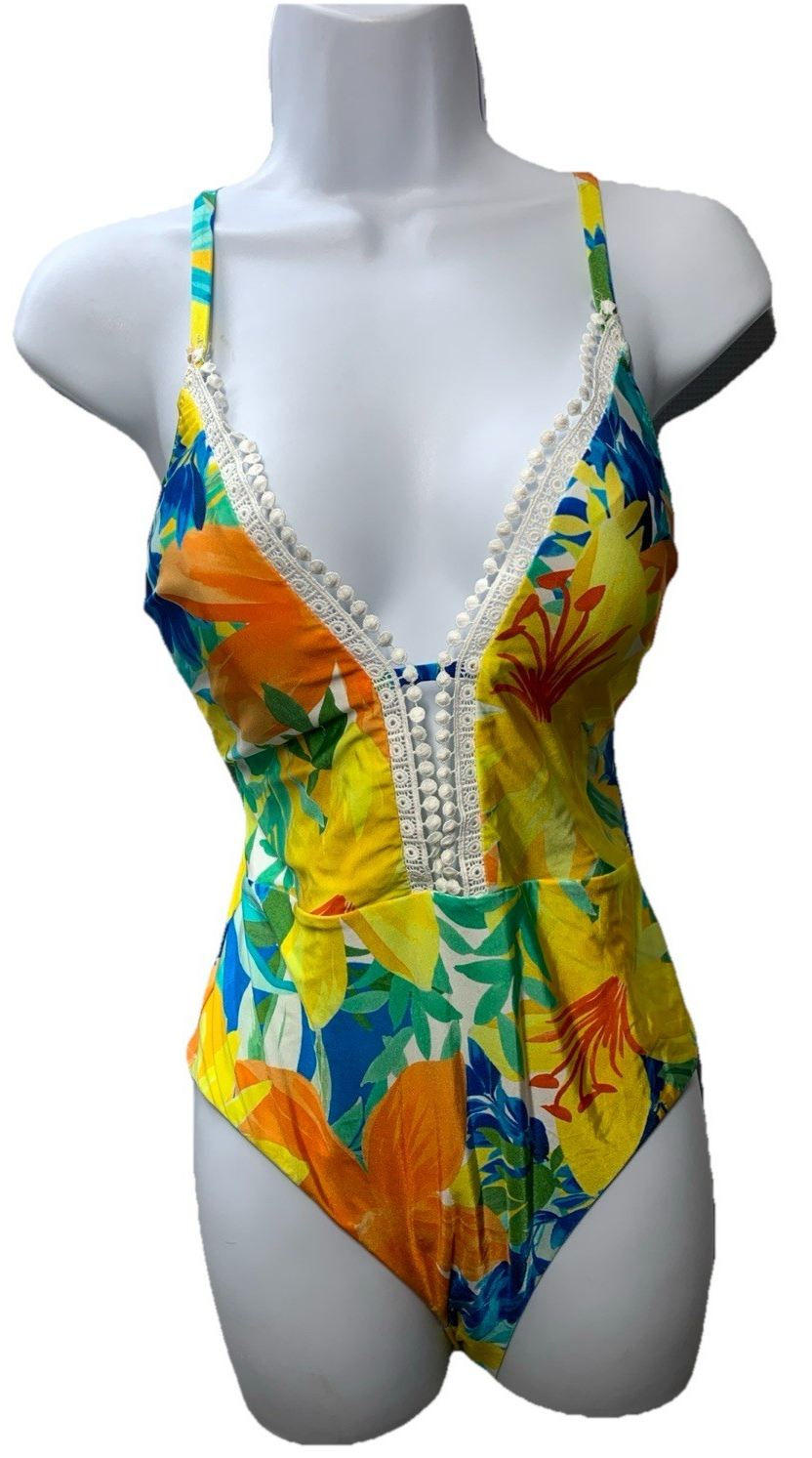 Sunshine 79 Womens V-plunge Neckline Mio One Piece Swimsuit Floral Swimwear SZ 8