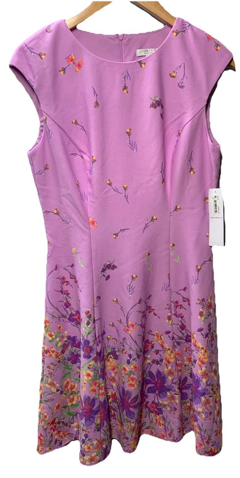 London Times Floral Border Cap Sleeve Fit & Flare Dress Rounded neckline Size 8P