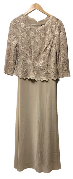 Alex Evenings 3/4 Sleeve Stretch Lace Bodice Mock One Piece Gown Size 12P Taupe
