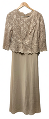 Alex Evenings 3/4 Sleeve Stretch Lace Bodice Mock One Piece Gown Size 12P Taupe