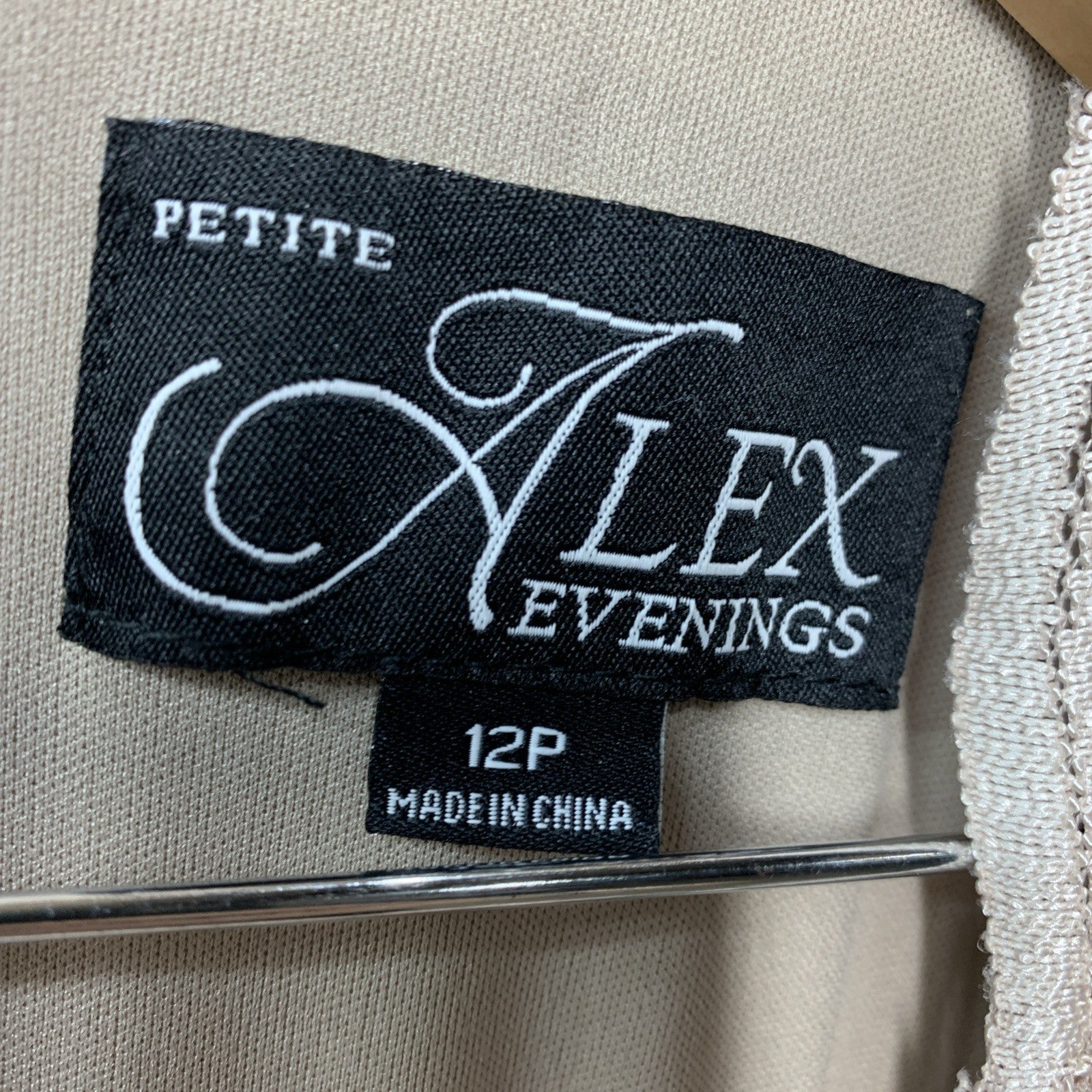 Alex Evenings 3/4 Sleeve Stretch Lace Bodice Mock One Piece Gown Size 12P Taupe