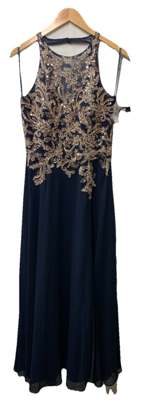 Betsy & Adam Long Sleeveless Halter Metallic Print Wrap Overlay Gown Size 8