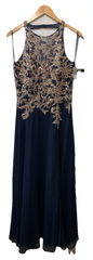 Betsy & Adam Long Sleeveless Halter Metallic Print Wrap Overlay Gown Size 8