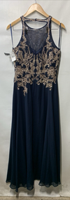 Betsy & Adam Long Sleeveless Halter Metallic Print Wrap Overlay Gown Size 8