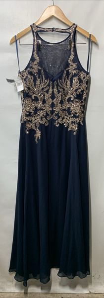 Betsy & Adam Long Sleeveless Halter Metallic Print Wrap Overlay Gown Size 8