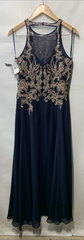 Betsy & Adam Long Sleeveless Halter Metallic Print Wrap Overlay Gown Size 8