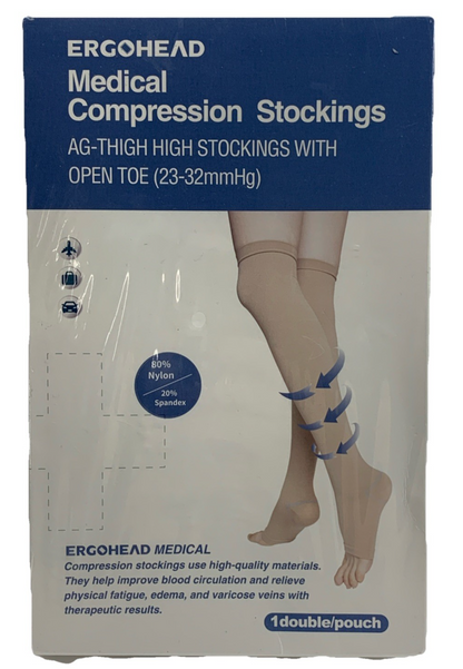 Ergohead Women's Socks Compression Thigh High Stockings Beige XL Open Toe 23-32