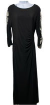 S.L. Fashions Women's Long Ruched Waist Evening Dress Beaded Illusion Sleeve 14