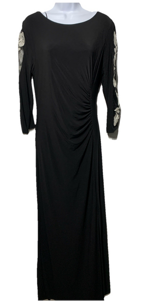 S.L. Fashions Women's Long Ruched Waist Evening Dress Beaded Illusion Sleeve 14