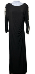 S.L. Fashions Women's Long Ruched Waist Evening Dress Beaded Illusion Sleeve 14