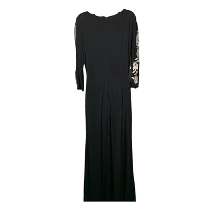 S.L. Fashions Women's Long Ruched Waist Evening Dress Beaded Illusion Sleeve 14