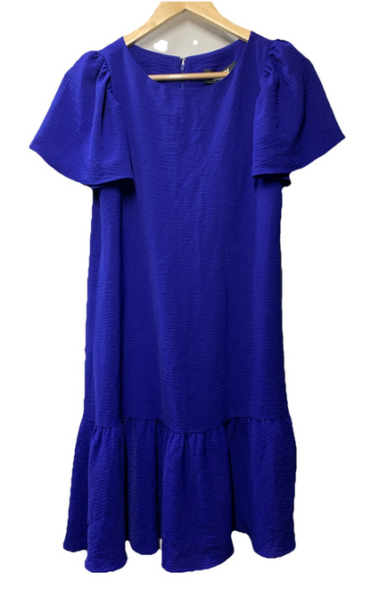 DKNY Shift Midi Dress Ruffle Short Flutter Sleeve Royal Blue SZ 2 Flowy DD1A759A