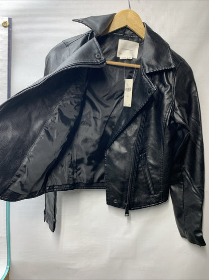 ANTHROPOLOGIE Faux Leather Moto Jacket Women's Long Sleeve with Pockets Size 2XS