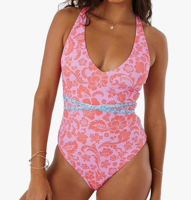 ROXY Tapestry Patchwork Wrap Tie Plunge One Piece Swimsuit Size Medium Swimwear