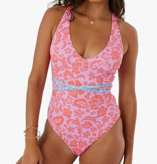 ROXY Tapestry Patchwork Wrap Tie Plunge One Piece Swimsuit Size Medium Swimwear