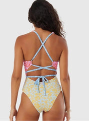 ROXY Tapestry Patchwork Wrap Tie Plunge One Piece Swimsuit Size Medium Swimwear