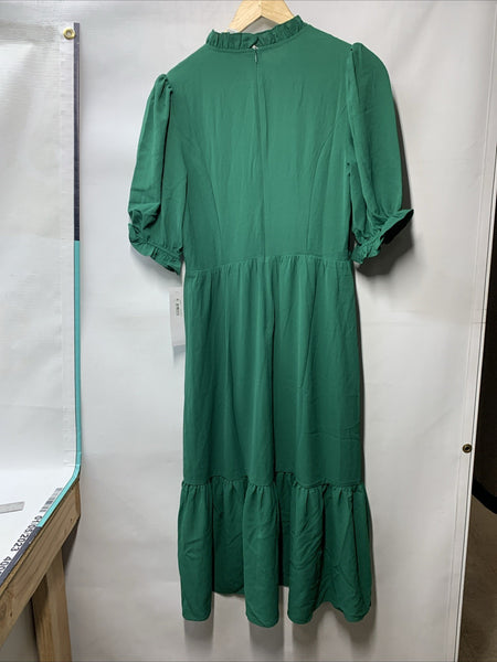 London Times Women's Smocked Bodice Ruffle Neck Puff Sleeve Midi Size 6 Green