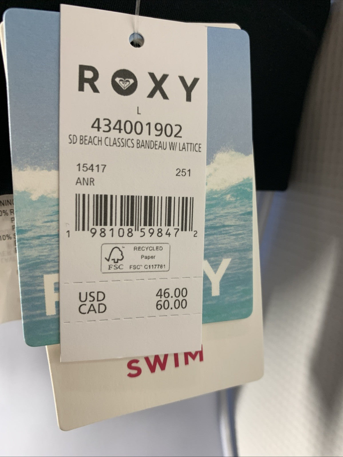 Roxy Women's Bandeau w/Lattice Bikini Top Removable Strap & Pads Swimwear Black