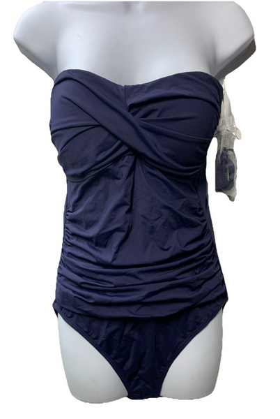 Anne Cole Swimsuit One Piece Twist Front Shirred Bandeau Navy Swimwear Size 10