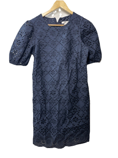 London Times Summer Puff Sleeve Mini Short Cotton Eyelet Women Dress Sz 6 T7424M