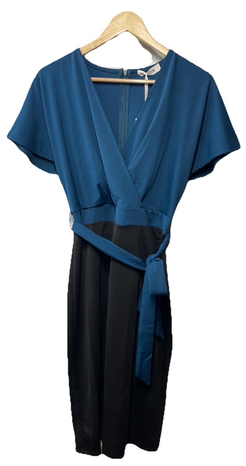 GRACE KARIN Women's Business Office Work Pencil Dress L Blue/Black Short Sleeve