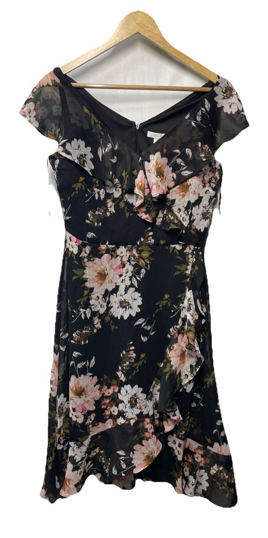 London Times Women's Petite Chiffon Above The Knee Ruffle Dress Size 6 Black