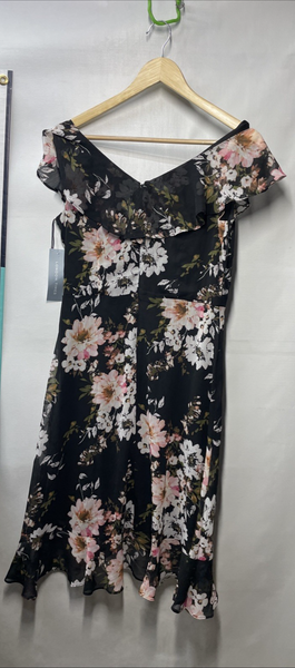 London Times Women's Petite Chiffon Above The Knee Ruffle Dress Size 6 Black