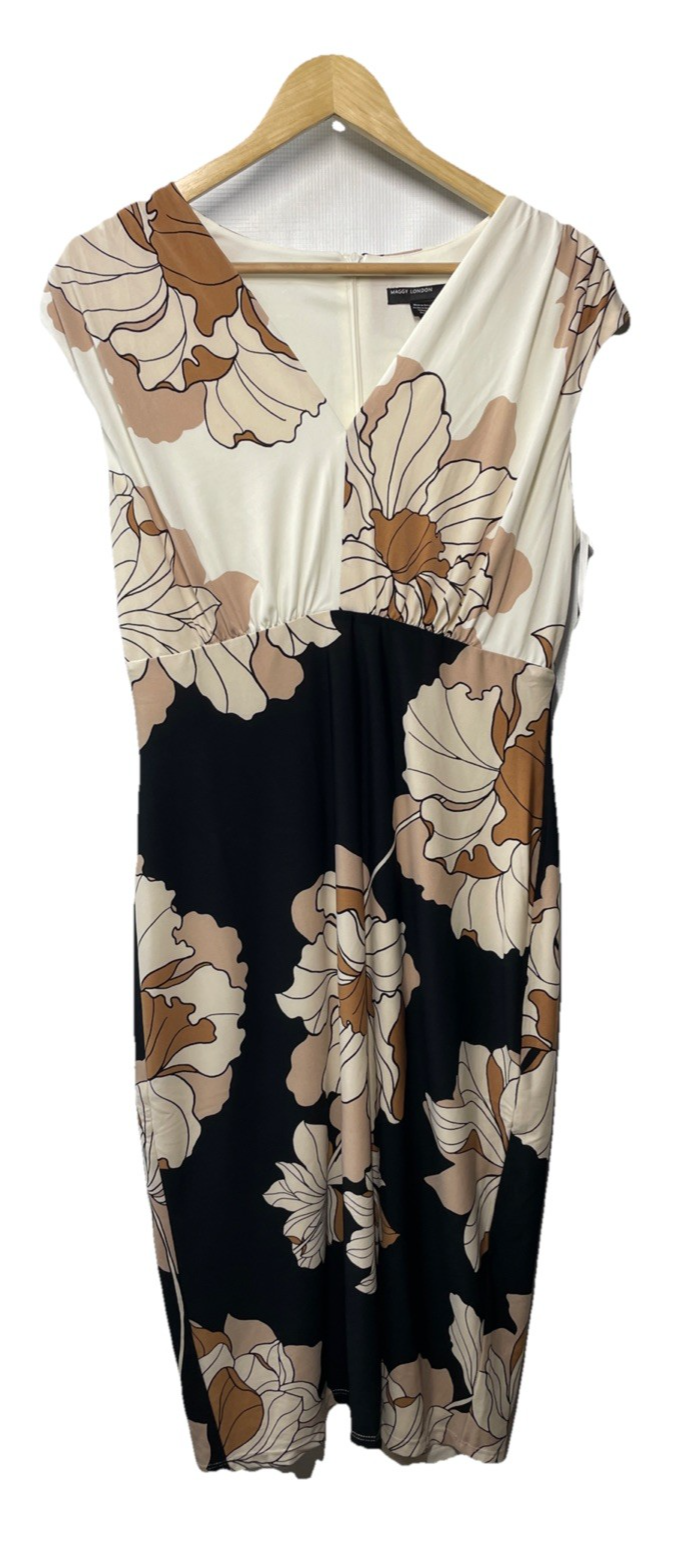 Maggy London Cap-Sleeve Sheath Floral Print Summer Dress Size 10 Cream/Black
