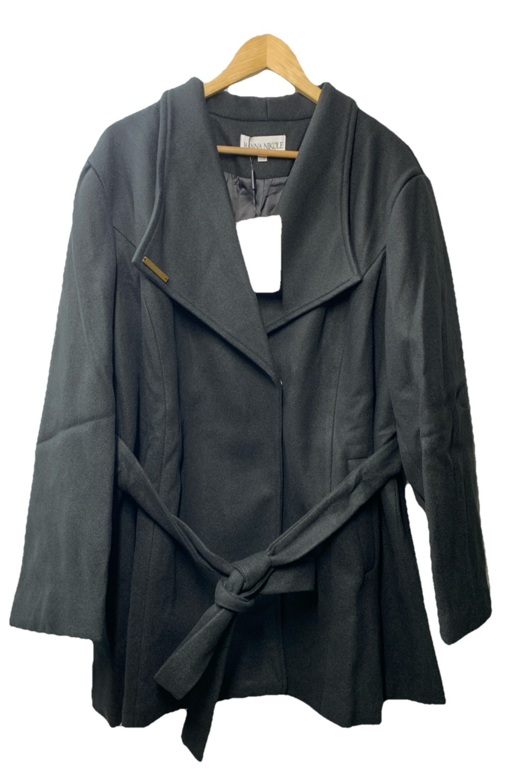 Hanna Nikole Women’s Wool Pea Coat Double-Breasted Belted 22W Black Long Sleeve