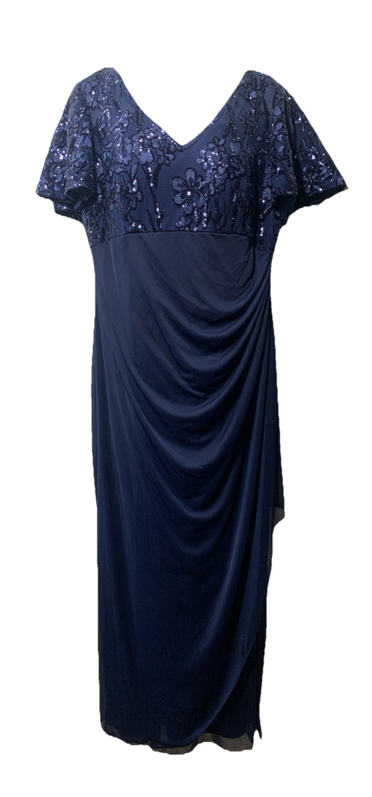 Alex Evenings Women's Petite Long Sequin Bodice Dress with Flutter Sleeves 14P