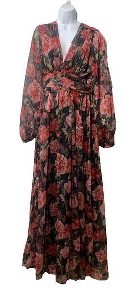 Lulus Pearl Women's Maxi Dress Long Sleeve Cocktail Dress Medium Burgundy Floral
