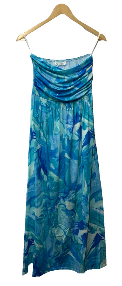 GRACE KARIN Women Strapless Casual Loose Ruched Long Maxi Dress Size S Blue