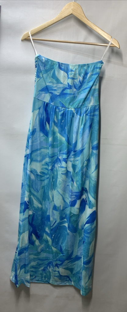 GRACE KARIN Women Strapless Casual Loose Ruched Long Maxi Dress Size S Blue