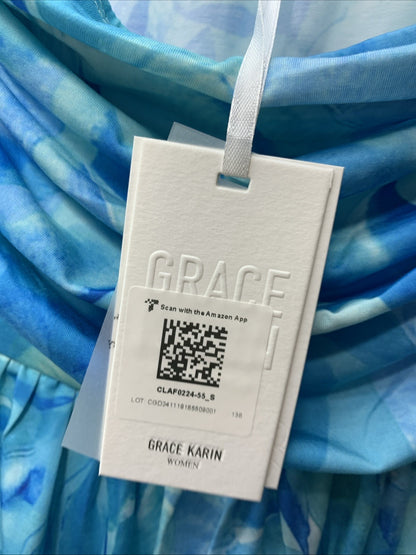 GRACE KARIN Women Strapless Casual Loose Ruched Long Maxi Dress Size S Blue