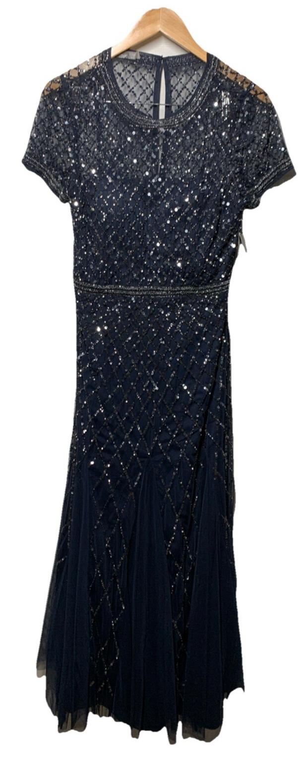 Adrianna Papell Womens Short-Sleeve Grid Beaded Gown Evening Dress Navy Size 14