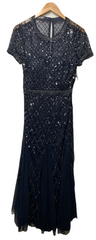 Adrianna Papell Womens Short-Sleeve Grid Beaded Gown Evening Dress Navy Size 14