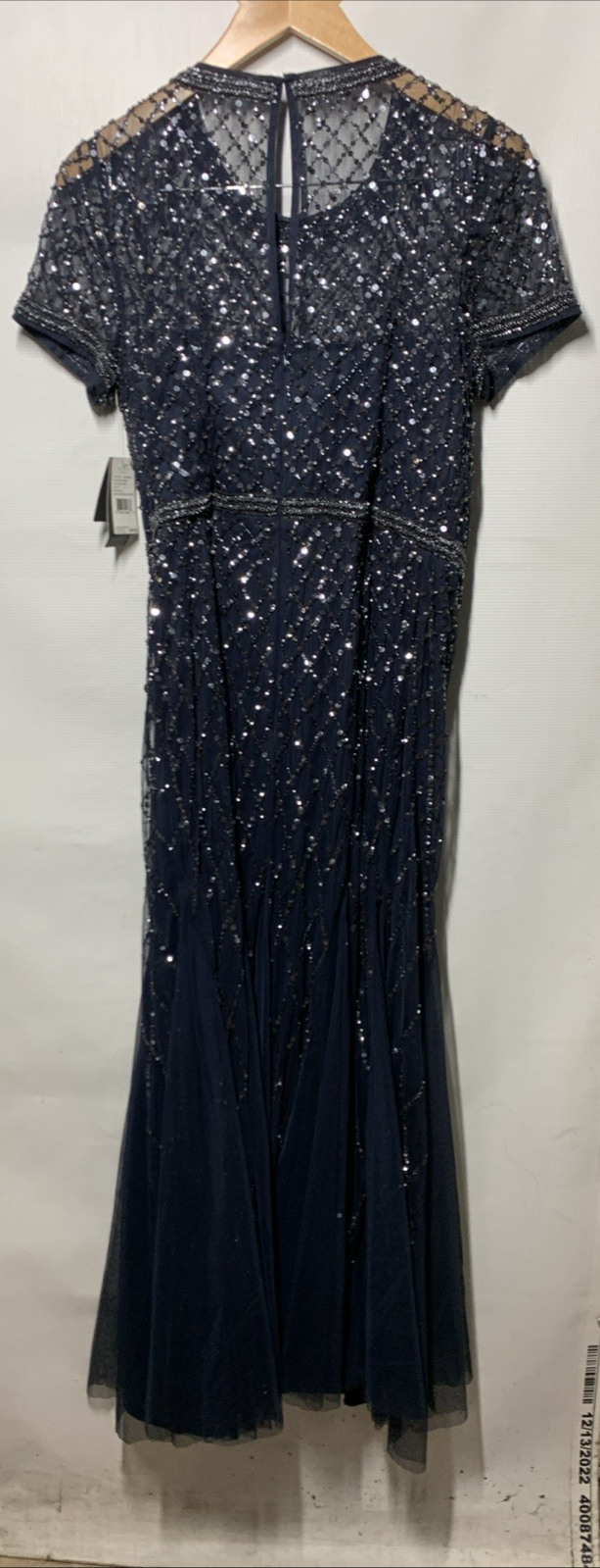 Adrianna Papell Womens Short-Sleeve Grid Beaded Gown Evening Dress Navy Size 14