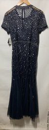 Adrianna Papell Womens Short-Sleeve Grid Beaded Gown Evening Dress Navy Size 14