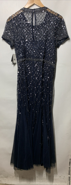 Adrianna Papell Womens Short-Sleeve Grid Beaded Gown Evening Dress Navy Size 14