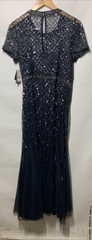Adrianna Papell Womens Short-Sleeve Grid Beaded Gown Evening Dress Navy Size 14