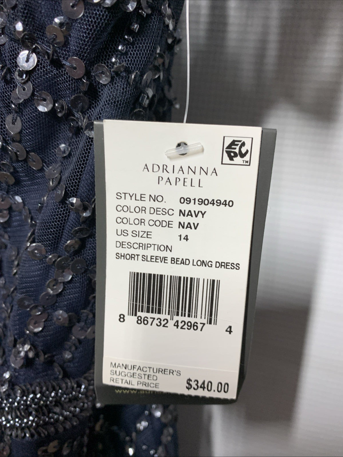 Adrianna Papell Womens Short-Sleeve Grid Beaded Gown Evening Dress Navy Size 14