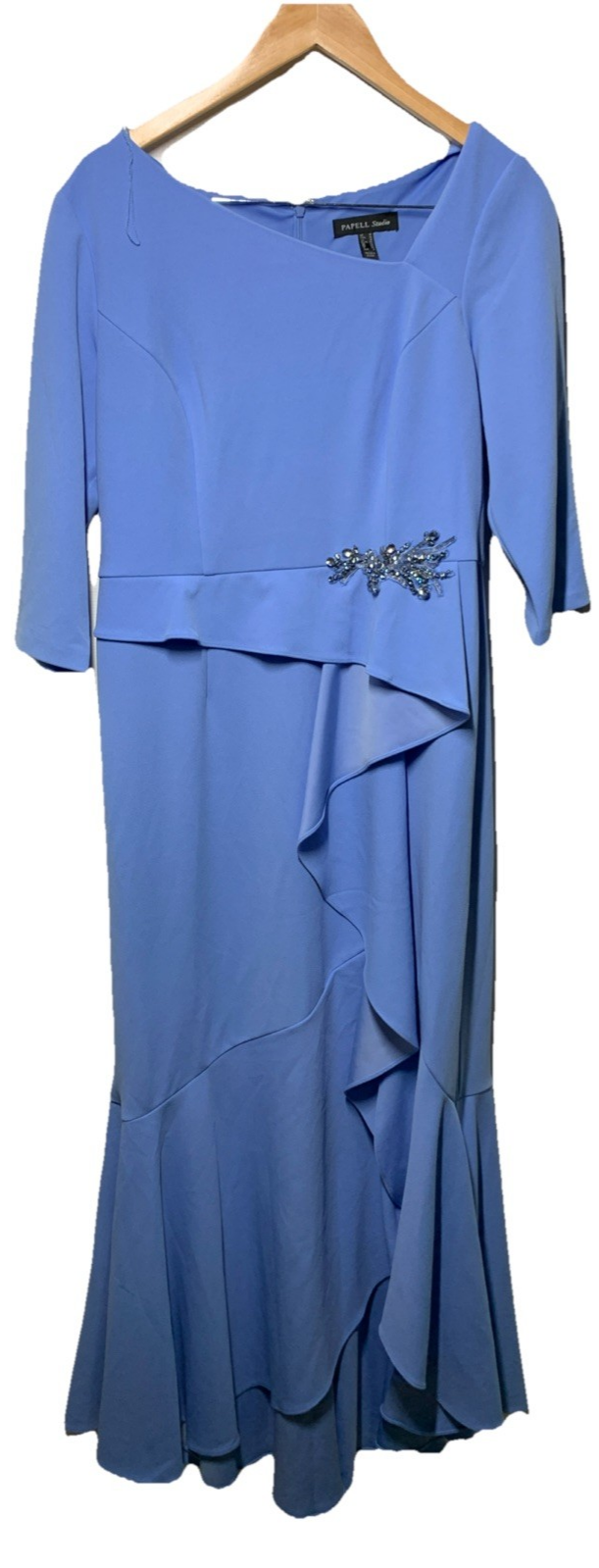 Adrianna Papell Womens Asymmetrical Bead Crepe Gown Elegant Electric Ice Size 12