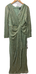 Adrianna Papell Womens Greenslate Metallic Mesh Draped Gown Dress Long Sleeve 14