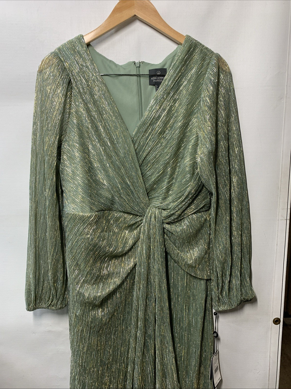 Adrianna Papell Womens Greenslate Metallic Mesh Draped Gown Dress Long Sleeve 14