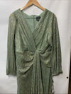 Adrianna Papell Womens Greenslate Metallic Mesh Draped Gown Dress Long Sleeve 14