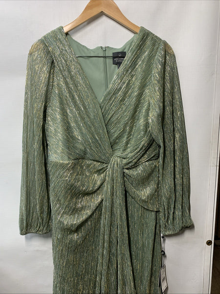 Adrianna Papell Womens Greenslate Metallic Mesh Draped Gown Dress Long Sleeve 14