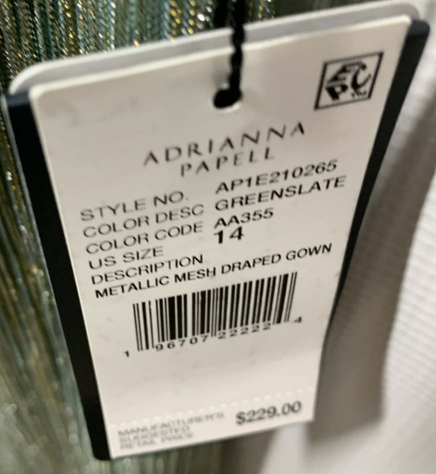 Adrianna Papell Womens Greenslate Metallic Mesh Draped Gown Dress Long Sleeve 14