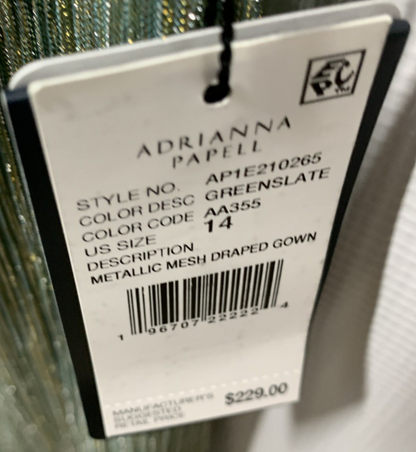 Adrianna Papell Womens Greenslate Metallic Mesh Draped Gown Dress Long Sleeve 14