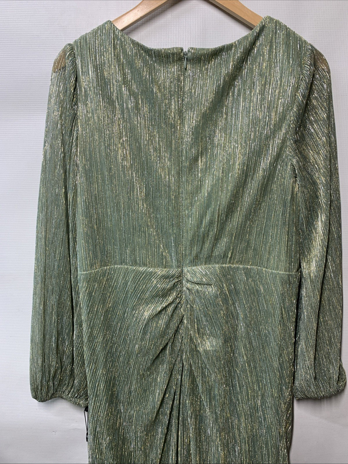 Adrianna Papell Womens Greenslate Metallic Mesh Draped Gown Dress Long Sleeve 14